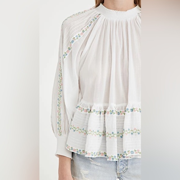ByTimo Embroidered 100% Cotton Voile Smocked Lattice Lace Peasant Top Sz S - Picture 3 of 9